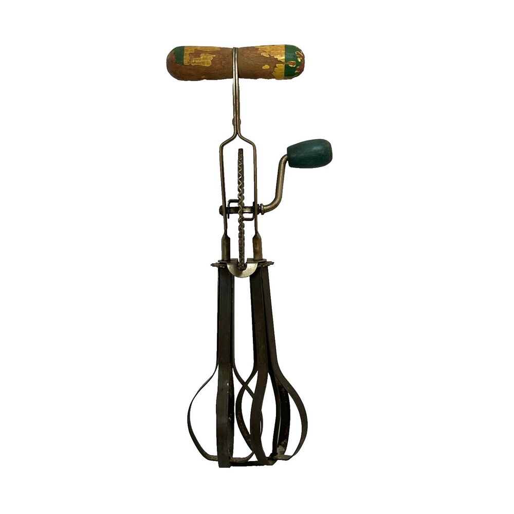 Antique A&J USA High Speed Hand Mixer Egg Beater Vintage Green Wood Handle